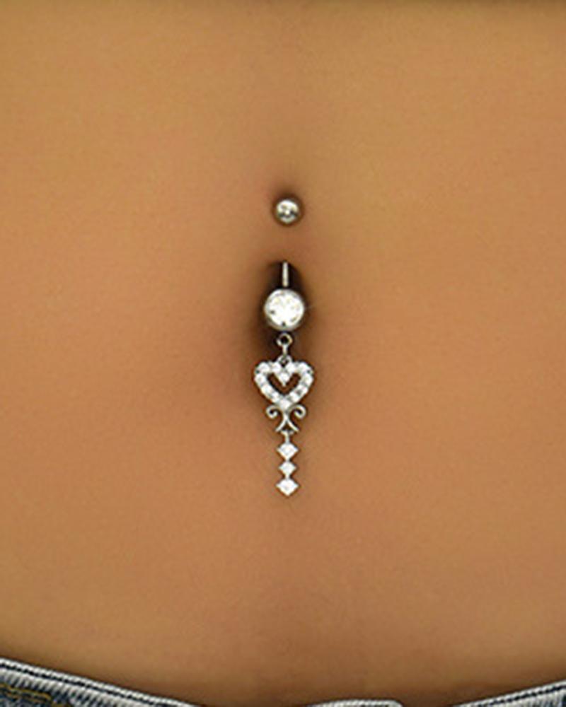 

1pc Rhinestone Hollow Out Heart Tassel Belly Ring, Silver