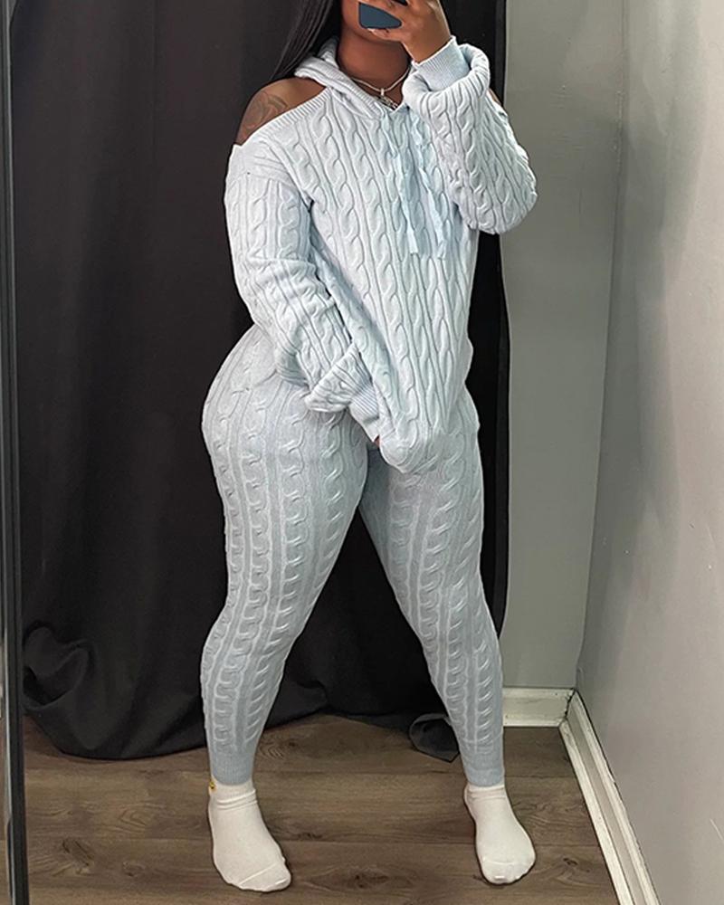 

Cold Shoulder Cable Knit Hooded Top & Pants Set, Lighted blue