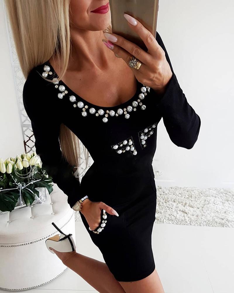 

Beaded Rhinestone Decor Long Sleeve Bodycon Dress, Black