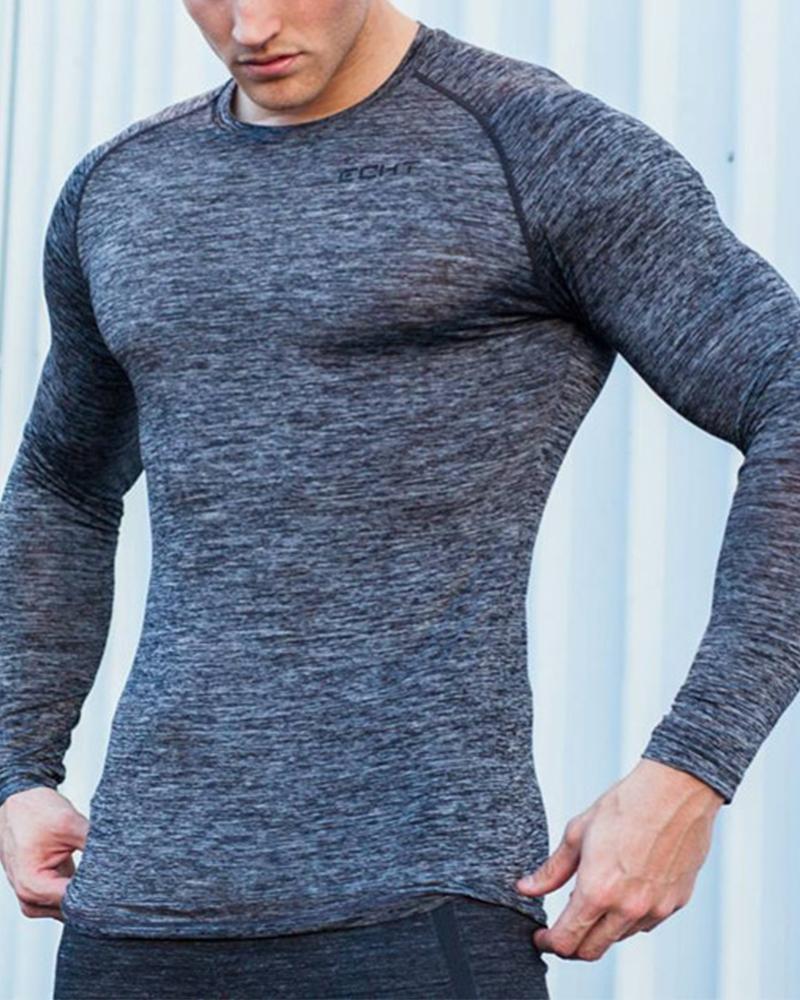 

Logo Print High Elastic Speed Dry Long Sleeve Skinny T-shirts, Gray