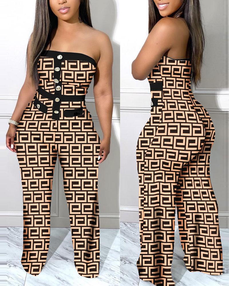 

Geometric Print Button Decor Tube Jumpsuit, Khaki