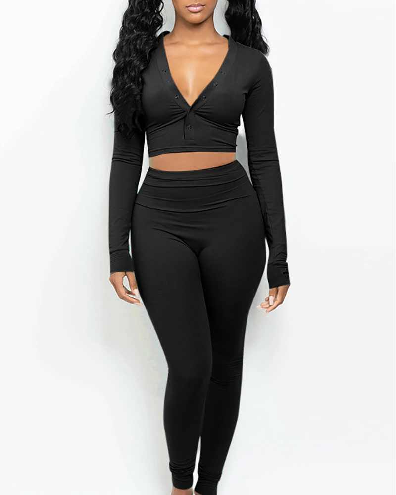 

Buttoned Top & Letter Embroidery Functional Pants Set, Black