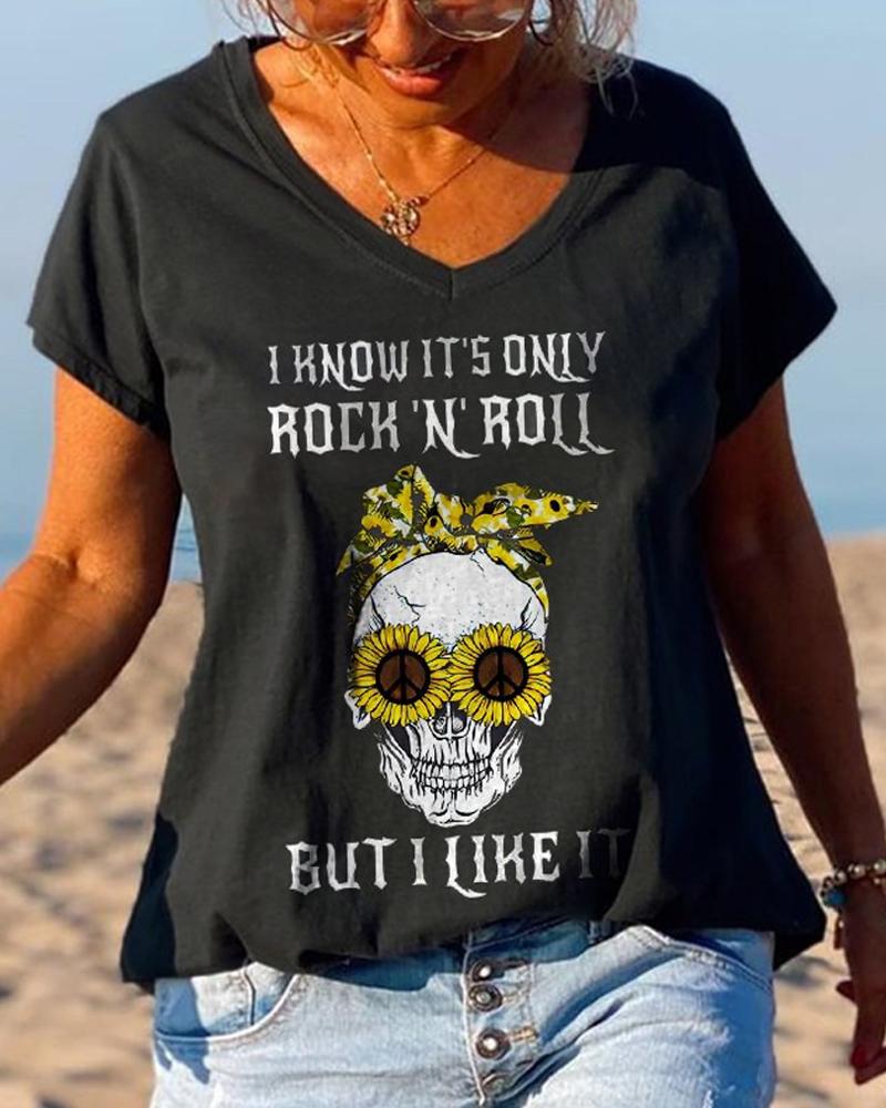 

Halloween Slogan Sunflower Skull Print Casual T-Shirt, Black