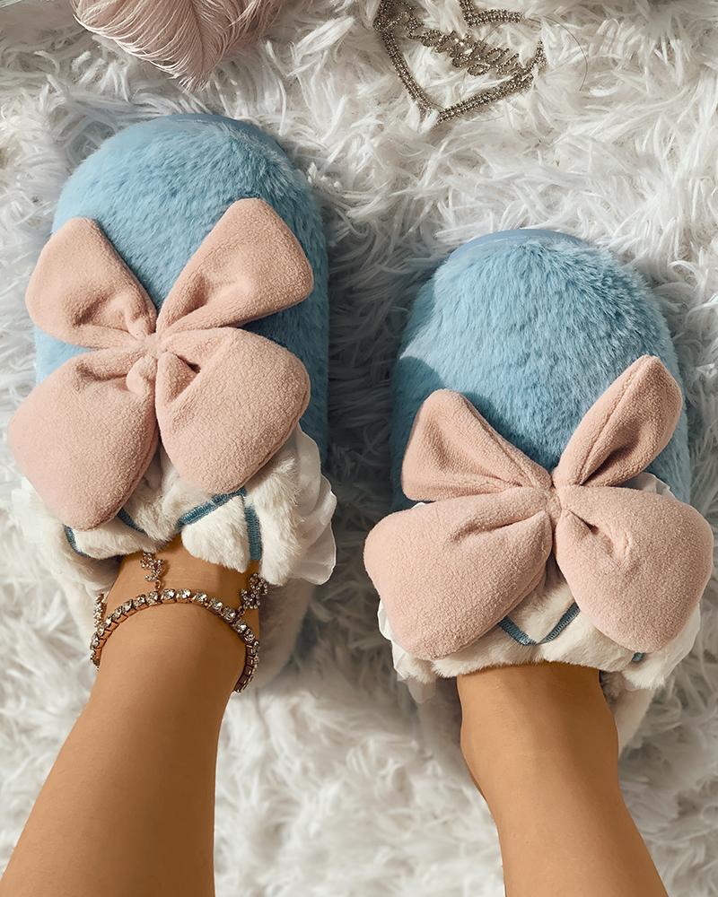 

Fluffy Bowknot Decor Casual Slipper, Blue&pink