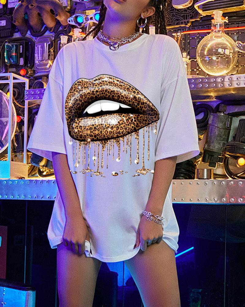 

Leopard Lip Print Casual T-shirt Oversized Graphic Tee, White