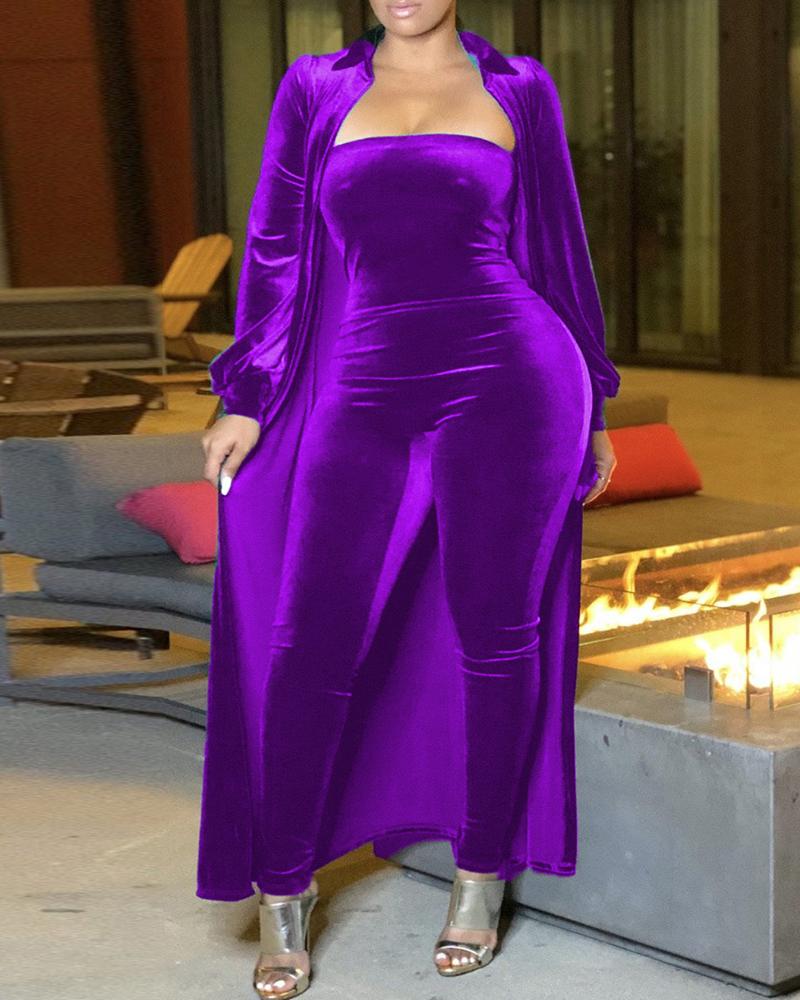 

Plain Bandeau Skinny Jumpsuit & Puff Sleeve Longline Cardigan Set, Purple