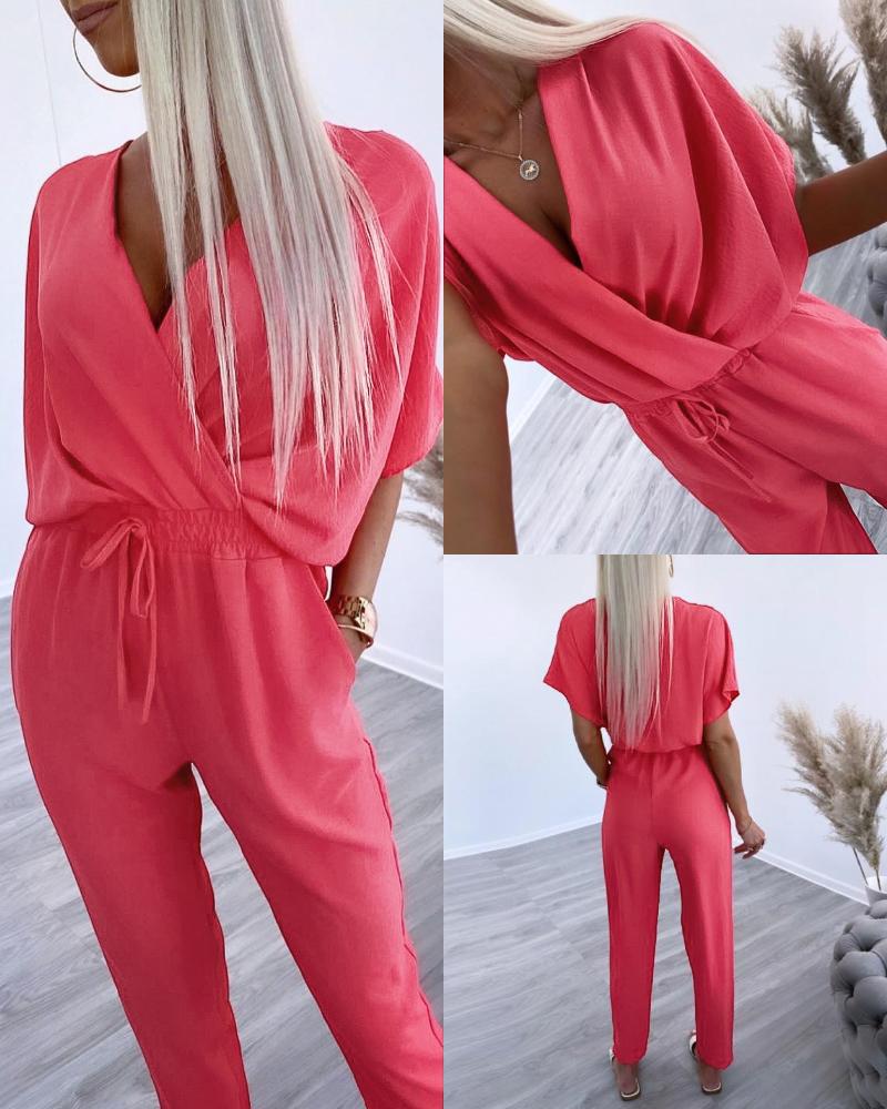 

V Neck Short Sleeve Ruched Drawstring Jumpsuit Casual Strechy Waist Rompers, Red