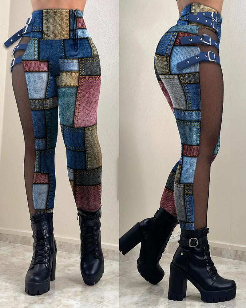 

Denim Look Print Contrast Mesh High Waist Skinny Pants, Blue