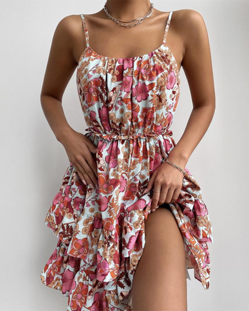 

Multicolor Floral Print Spaghetti Strap Layered Mini Dress, Red