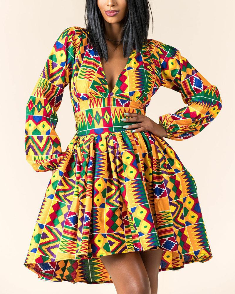 

National Style Printing Long Sleeve Skinny Waist Mini Dress, Multicolor