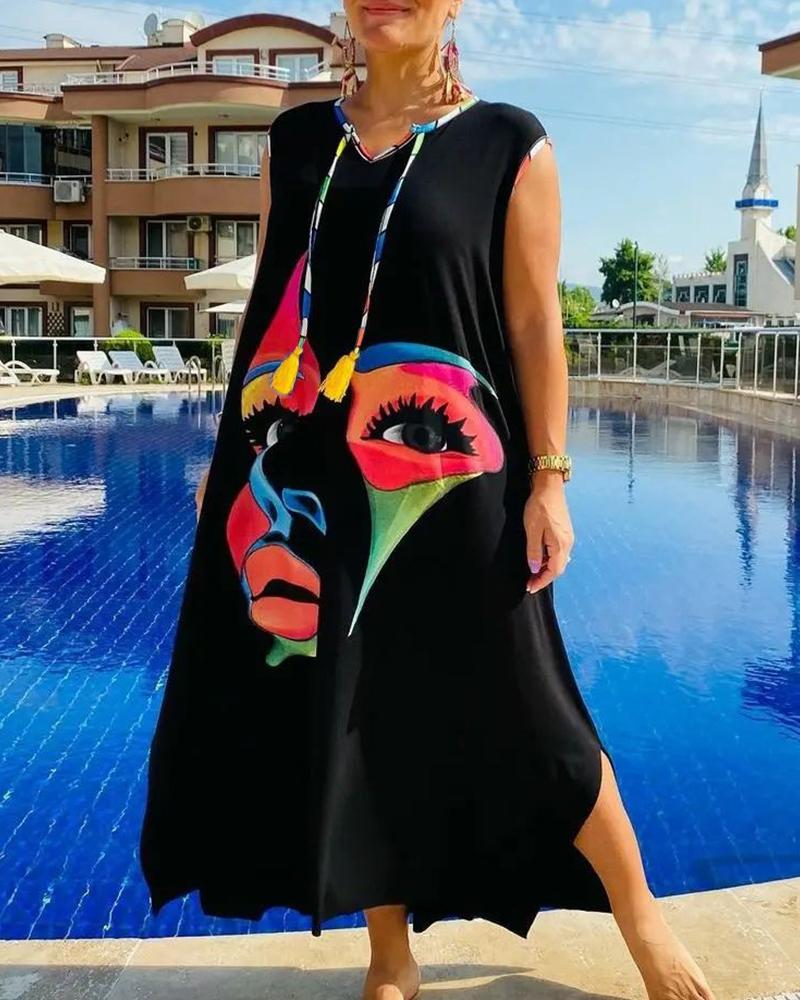 

Tied Detail Figure Print Slit Maxi Dress, Black