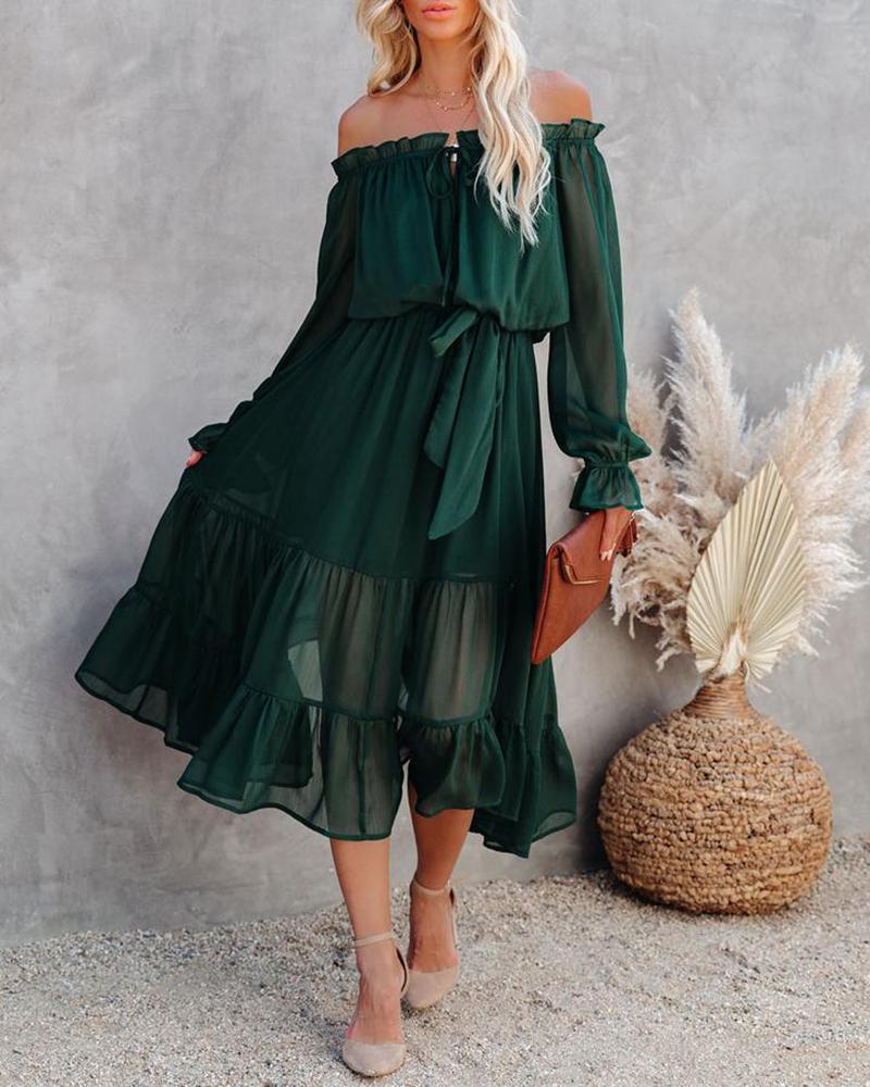 

Off Shoulder Frill Hem Layered Chiffon Dress With Belt, Green