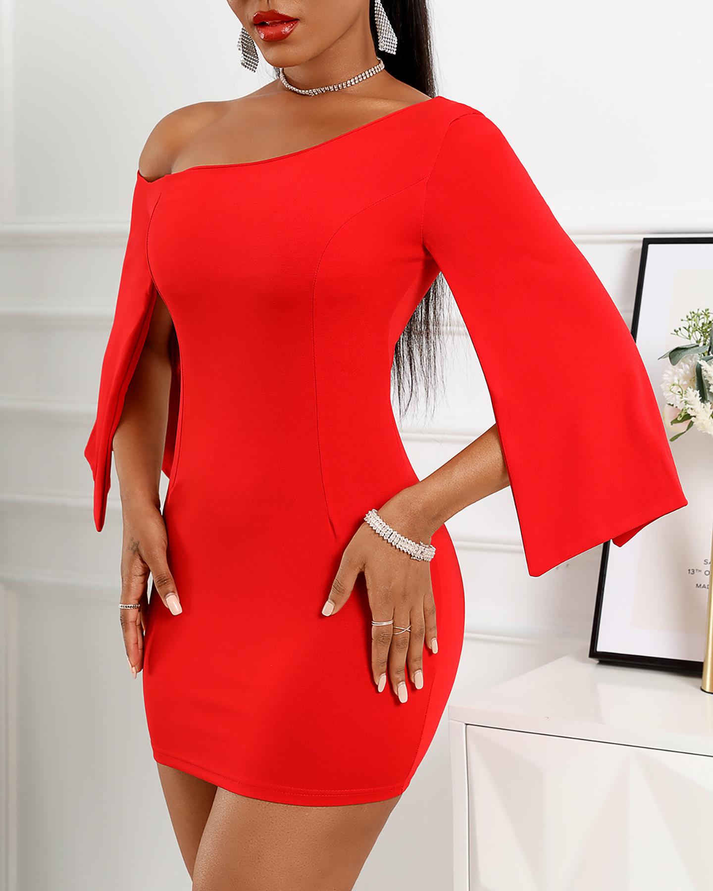 

Slit Cape Sleeve Oblique Shoulder Bodycon Women Dress, Red