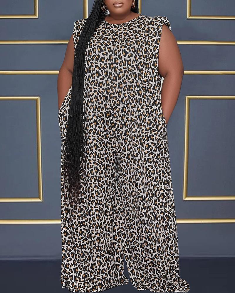 

Plus Size Leopard Print Cap Sleeve Wide Leg Jumpsuit