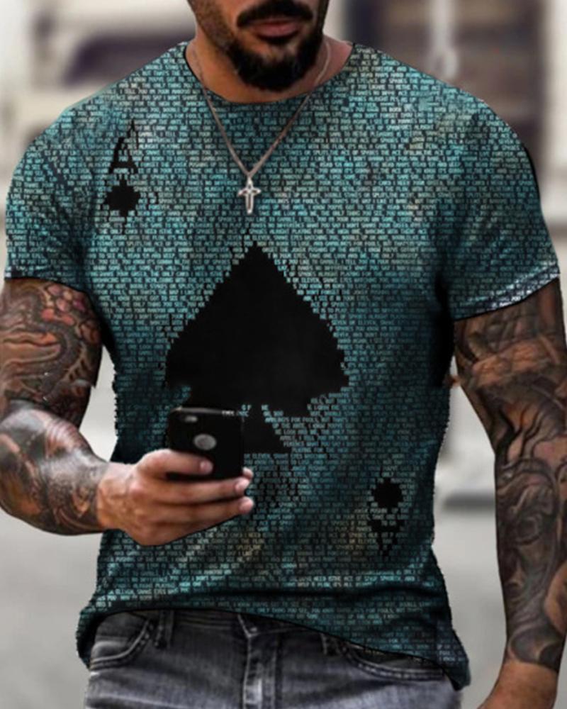 

Poker Print Short Sleeve Loose T-shirt, Blue