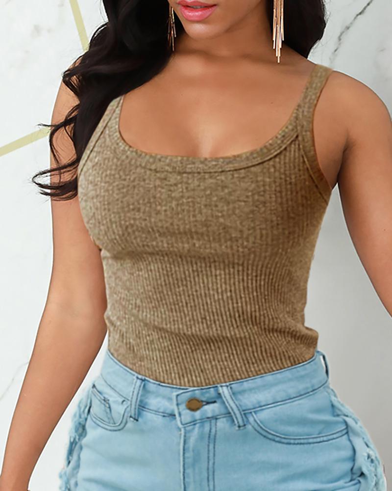 

Spaghetti Strap U Neck Ribbed Casual Top, Khaki