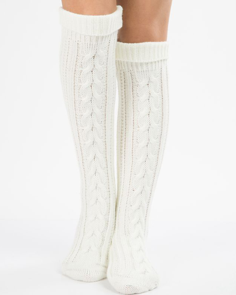 

Cable Knit Over The Knee Floor Winter Socks, White