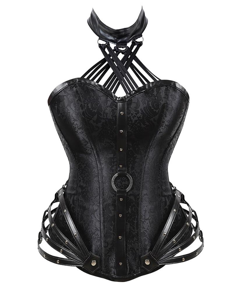 

Eyelet Lace-up Multi Strap Halter Corset, Black