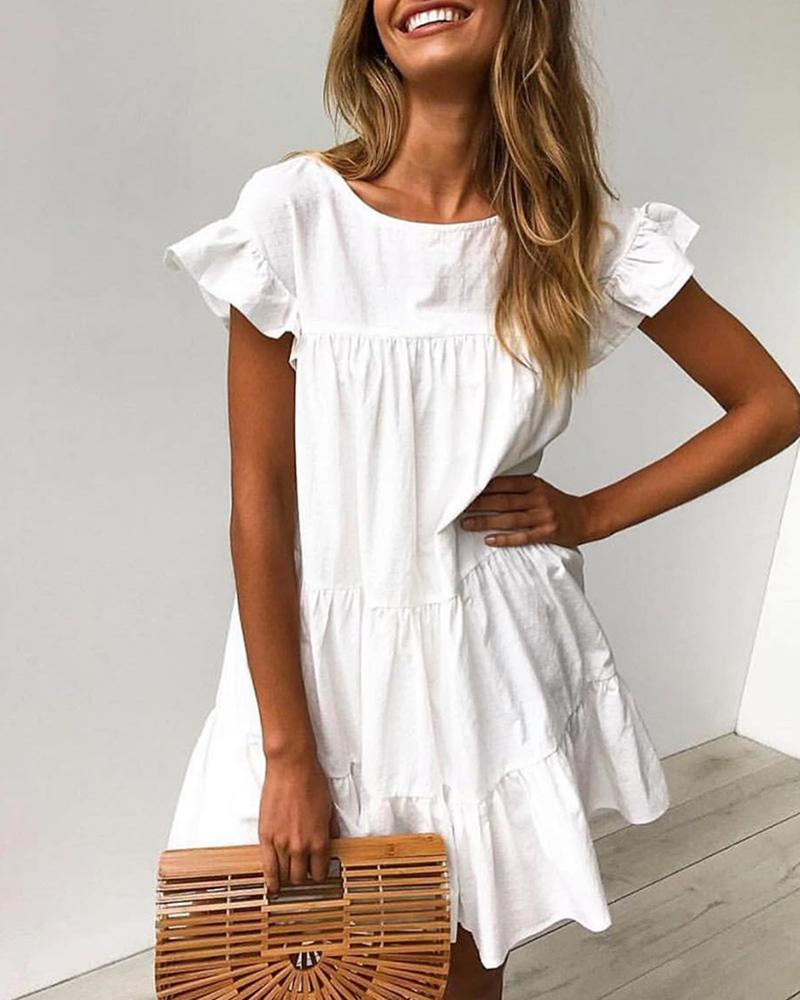 

Round Neck Ruffles Ruched Casual Dress, White