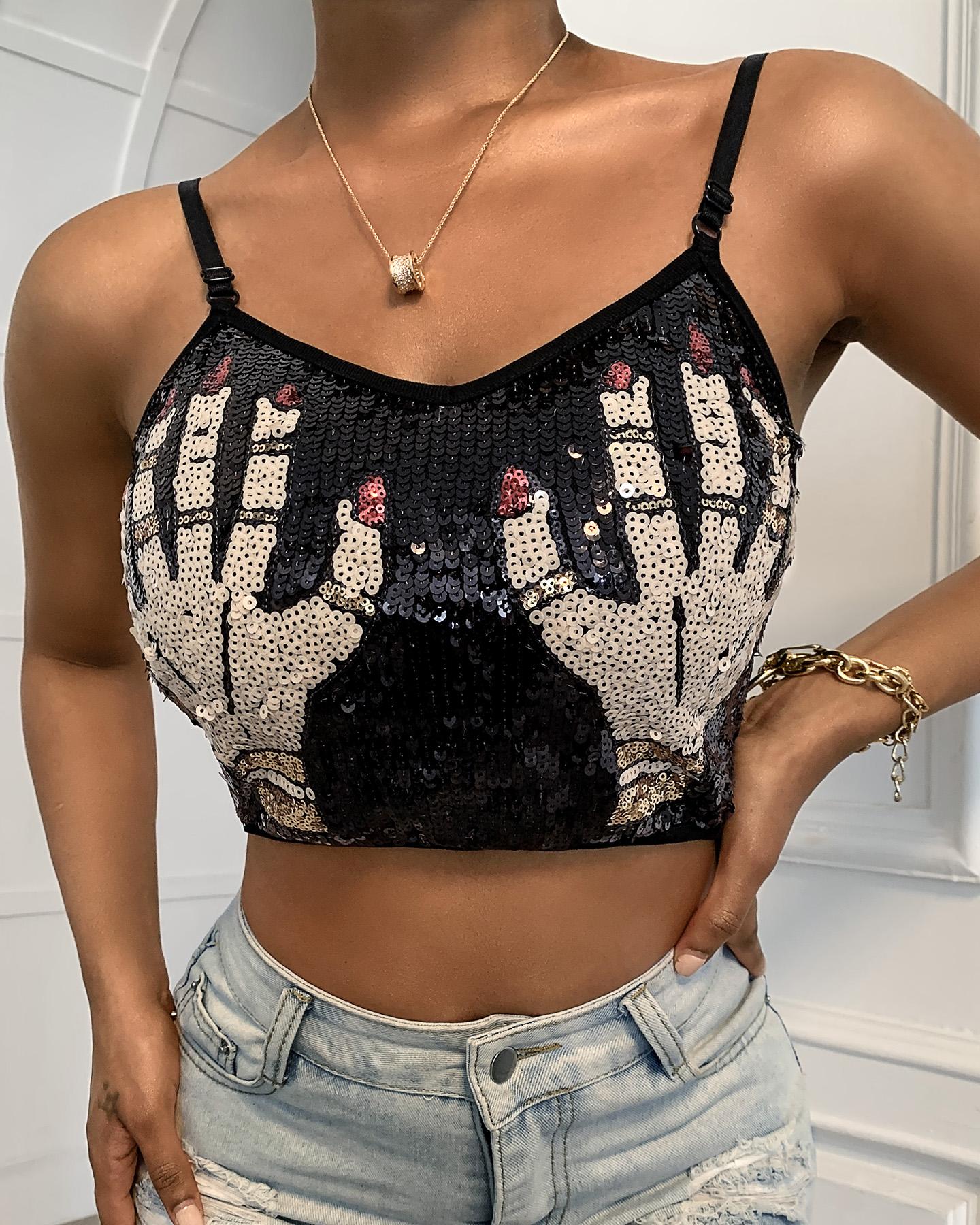 

Spaghetti Strap Hands Pattern Sequins Crop Top, Black