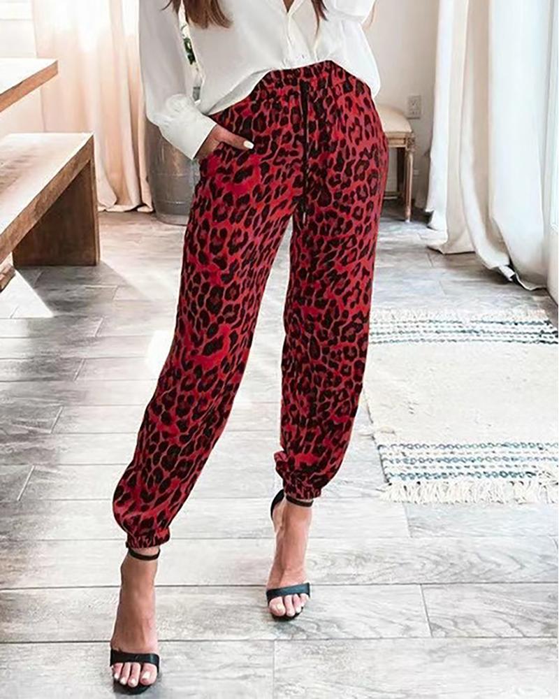 

Cheetah Print High Waist Cuffed Pants, Red