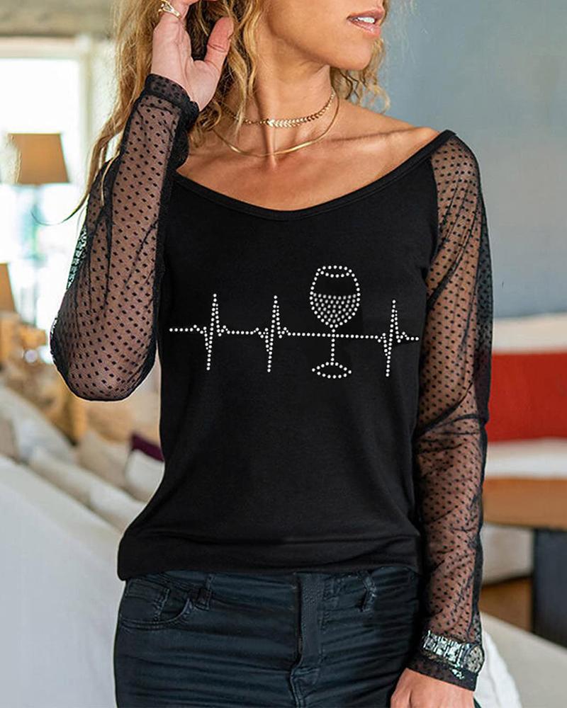 

Valentine's Day Dot Mesh Long Sleeve Rhinestone Top, Style4