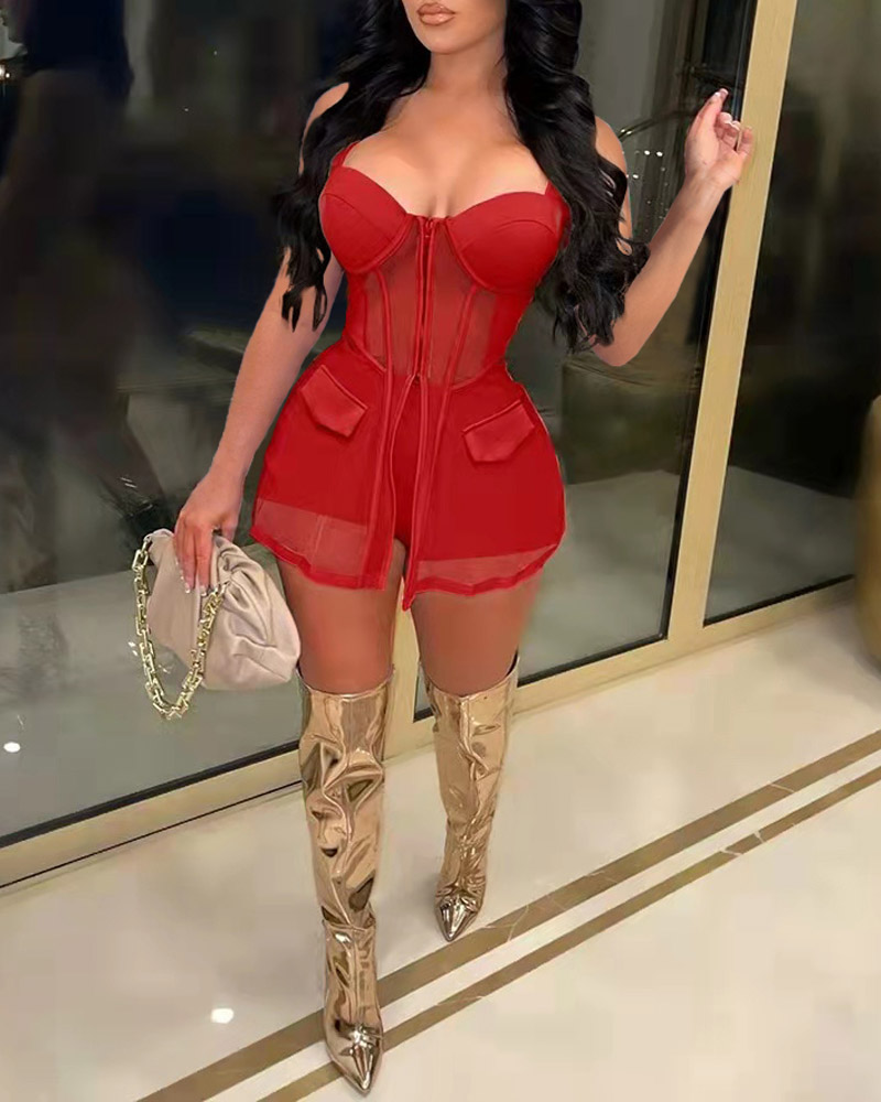 

Patchwork Sheer Mesh Zip Front Top & Shorts Set, Red