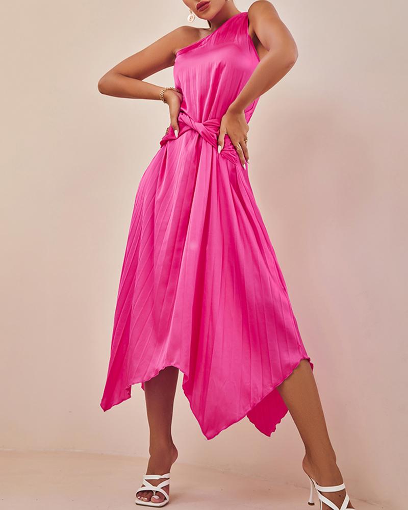 

One Shoulder Twist Design Asymmetrical Pleated Dress, Hot pink