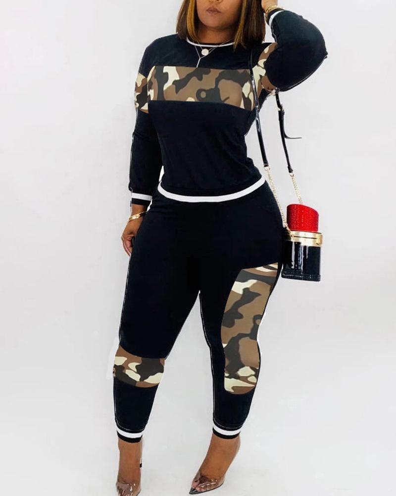 

Plus Size Camo Print Patchwork Long Sleeve Top & Pants Set, Brown