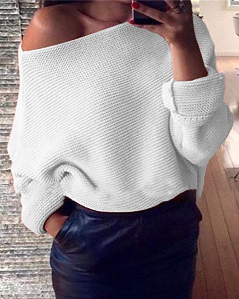 

One Shoulder Long Sleeve Knit Casual Sweater Plain skinny Rib Top, White