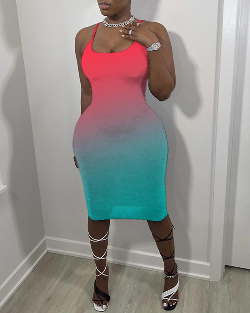 

Gradient Color Block Sling Skinny Midi Dress, Red