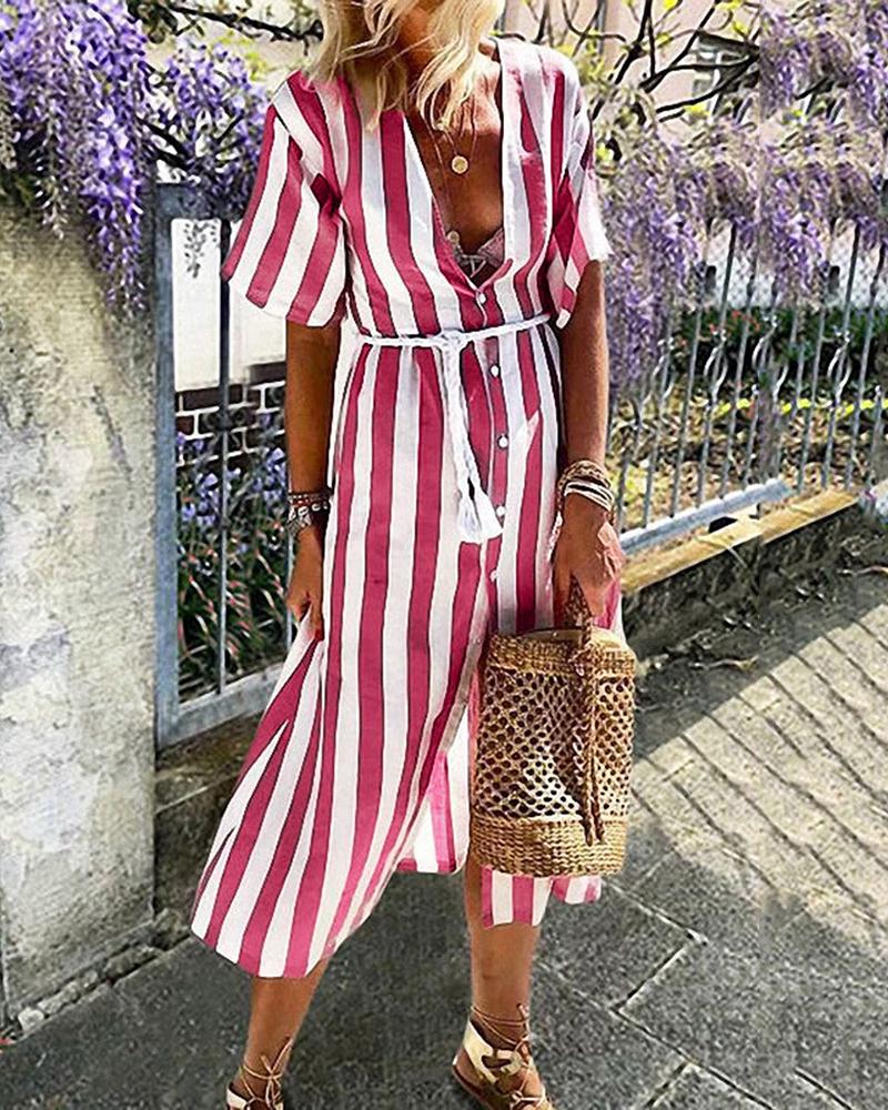 

Striped Button Through Casual Dress, Red