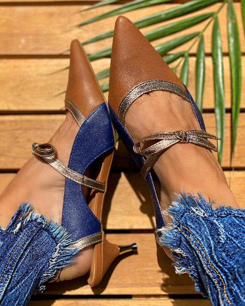 

Colorblock Pointed-toe Bowknot Low Heel Sandals, Blue