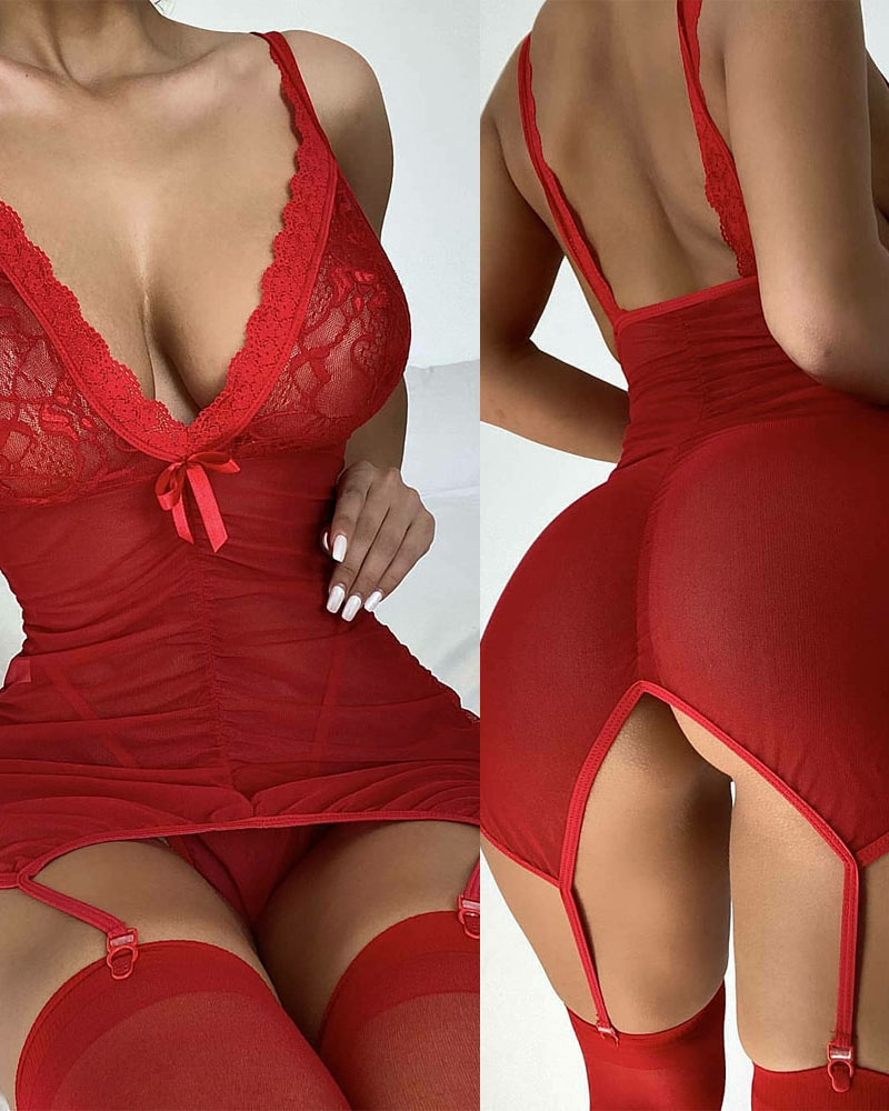 

Contrast Lace Garter Babydoll With Thong Plain V-Neck Spaghetti Strap Bowknot Sexy Mini Babydoll, Red