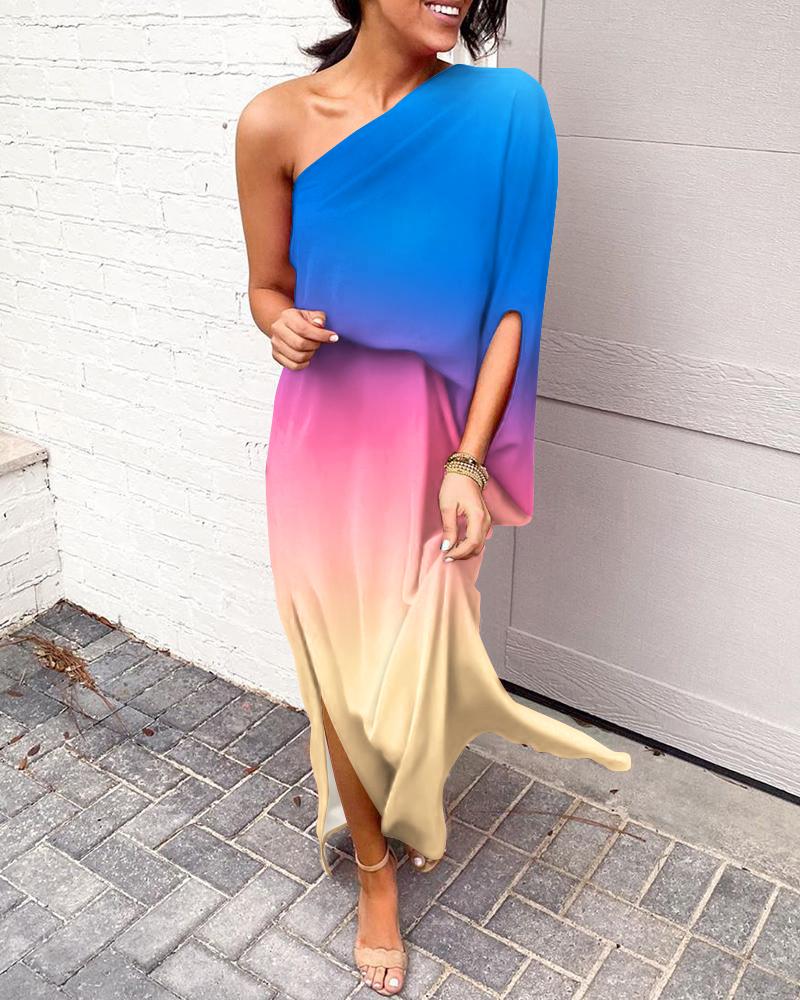 Ombre One Shoulder Split Hem Maxi Dress