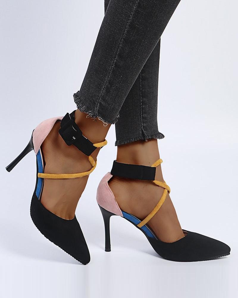 

Suede Colorblock Pointed-toe Strap Cut-out High Heel Sandals, Black