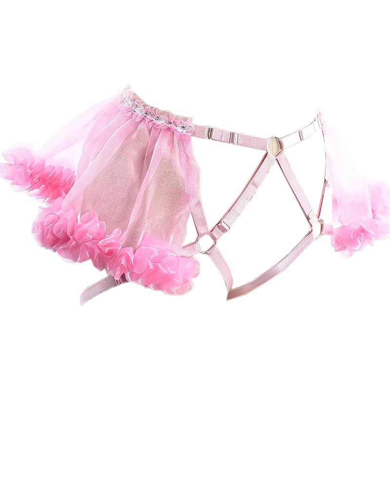 

Sheer Mesh Frill Hem Garter Belt, Pink