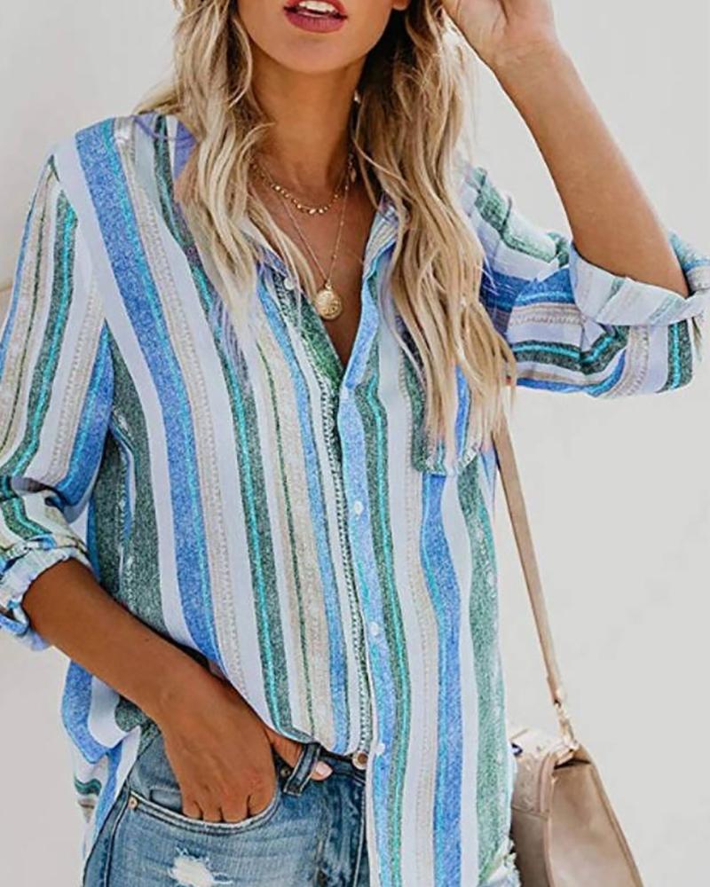 

Striped Print Colorblock Pocket Front Button Design Blouse, Blue