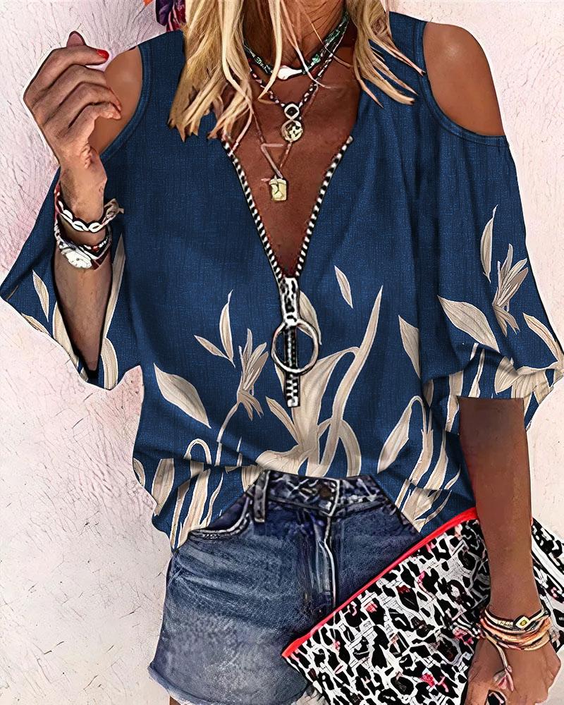 

Plants Print Zip Front Cold Shoulder Top, Purplish blue