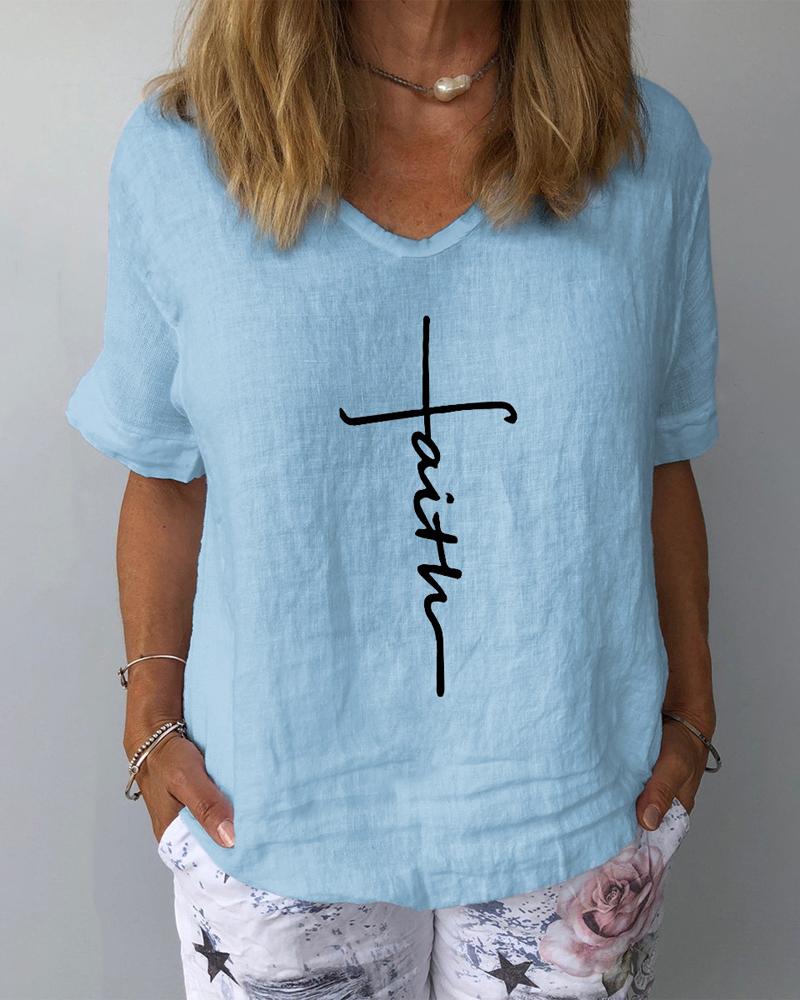 

Letter Print Short Sleeve Casual T-shirt, Lighted blue