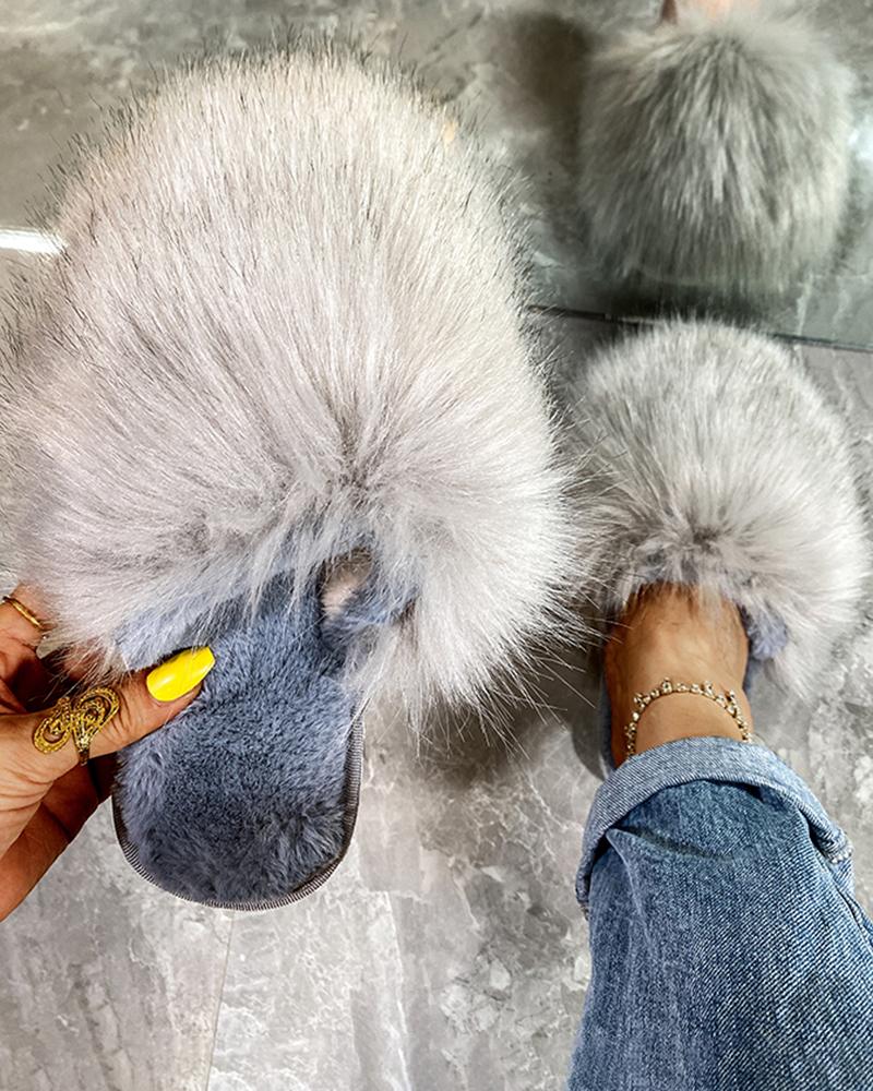 

Fluffy Faux Rabbit Fur Round Toe Slippers, Gray