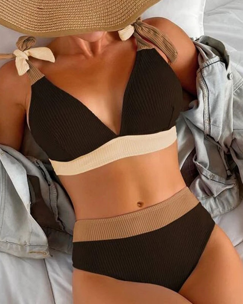 

Colorblock Tied Detail High Waist Ribbed Bikini Set, Black