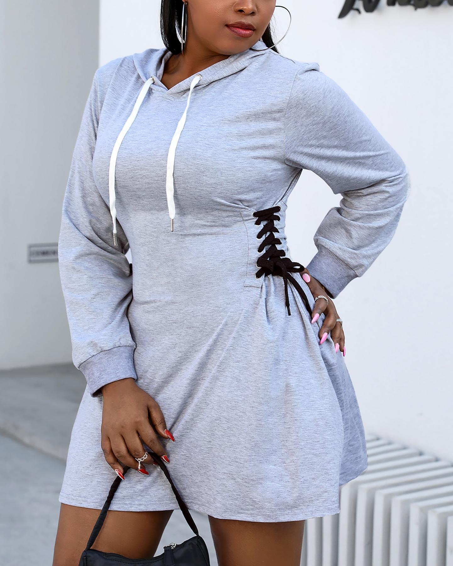 

Plus Size Eyelet Lace-up Hooded Sweatshirt Dress, Gray