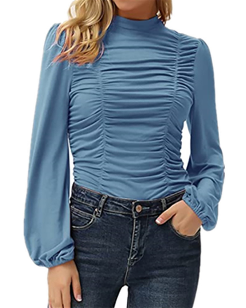

O Neck Lantern Sleeve Ruched Top, Blue