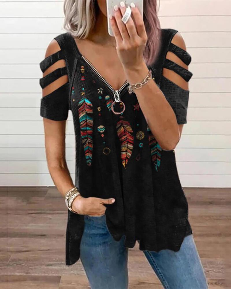 

Waffle Knit Feather Print Zipper Design Cutout T-shirt, Black