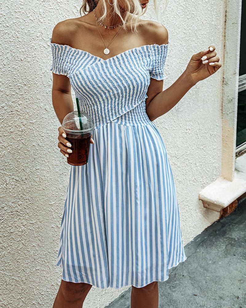 

Striped Off Shoulder Casual Dress, Lighted blue