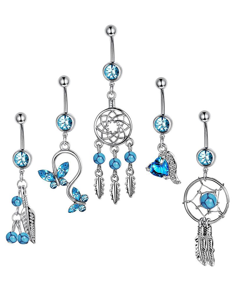 

5pcs Bohemian Crystal Stone Butterfly Turquoise Leaf Tassel Piercing Belly Rings Set, Blue