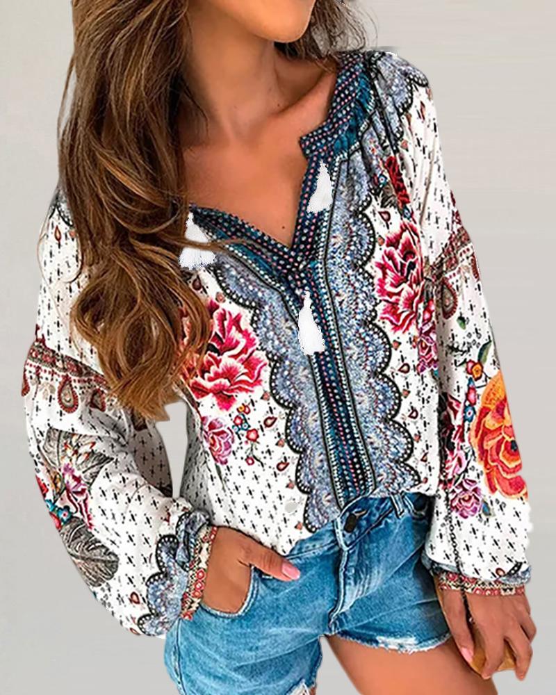 

Ethnic Print V-neck Long Sleeve Blouse, Red
