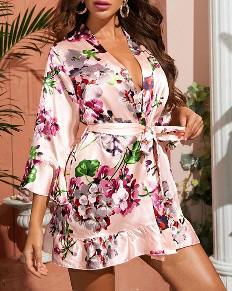 

Floral Print Ruffle Hem Belted Satin Robe, Pink