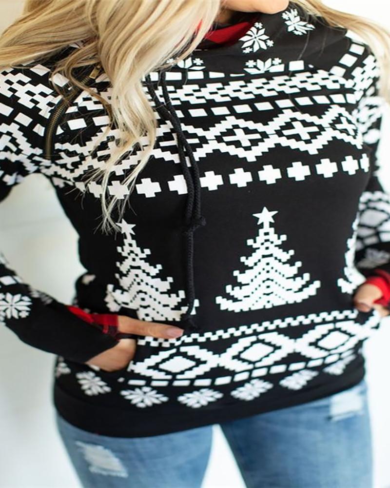 

Christmas Mixed Print Casual Hooded Top, Black